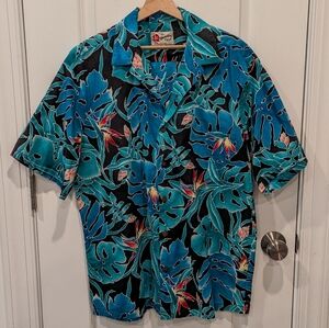 Vtg Hilo Hattie The Original Hawaiian Shirt Men's L Tropical Leaves Blue Cotton
